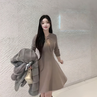 法式双面穿七分袖针织连衣裙女