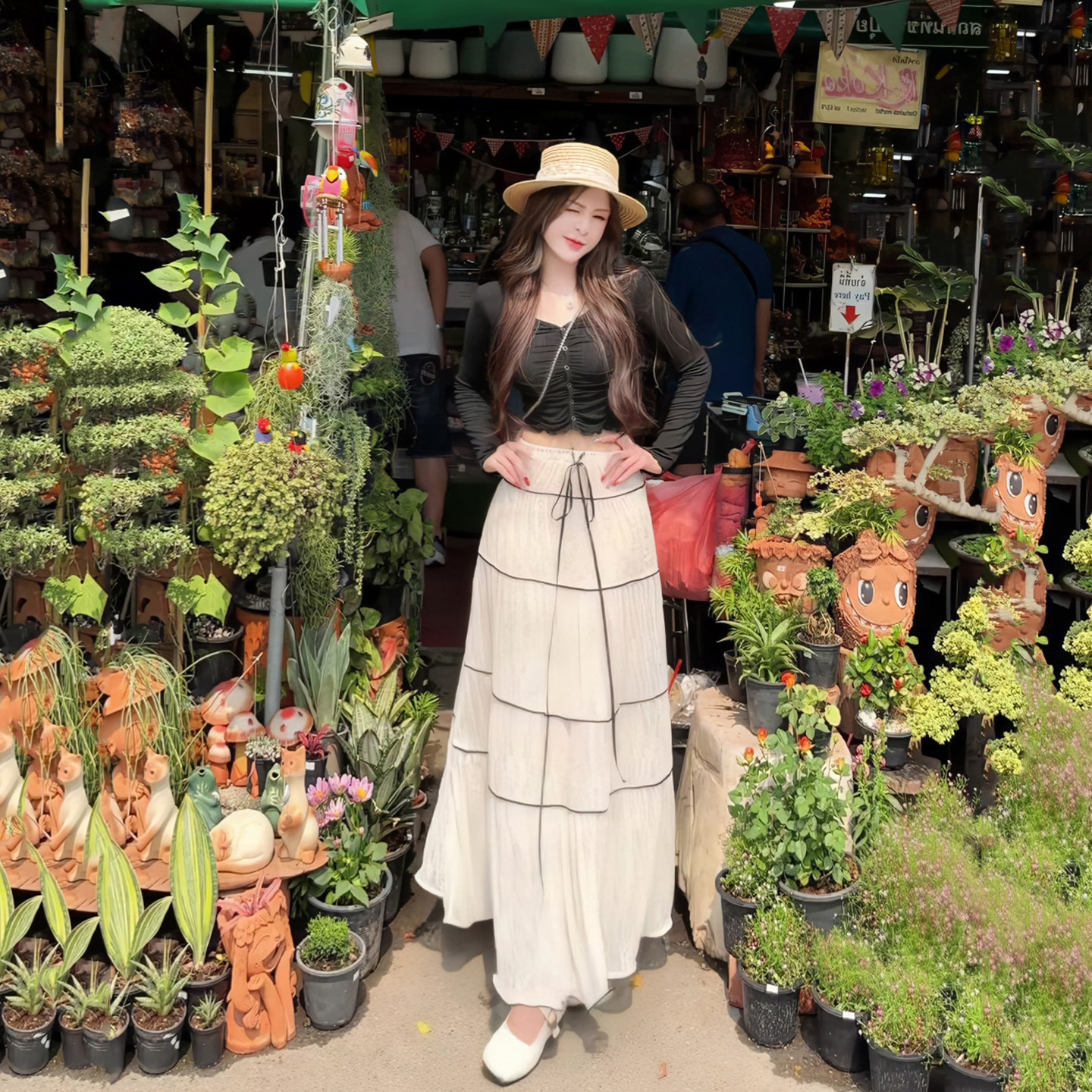 现货！法式浪漫风蕾丝拼接系带半身裙女白色长裙层次感蛋糕裙女士