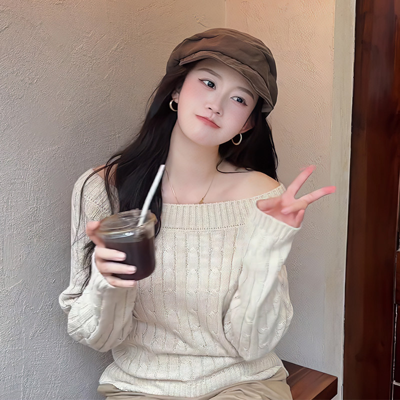秋季复古麻花针织衫女软糯毛衣套头露肩修身打底衫上衣女小众韩系
