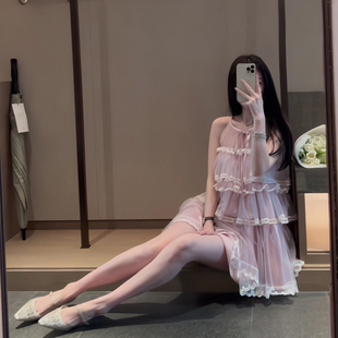 夏季新品！甜美粉色少女芭蕾舞曲娃娃裙吊带蛋糕裙网纱拼接小个子