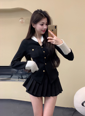 有货！春秋新品千金名媛风撞色设计感外套学院风百褶裙辣妹两件套