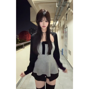 现货！长袖法式公主风蝴蝶结T恤背心女秋冬黑色开衫上衣披肩套装