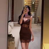 春夏上新 蕾丝拼接吊带连衣裙女浪漫纯欲腰部透视设计包臀吊带裙