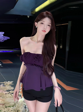 紫色韵味修身裙摆抹胸女夏季立体花朵显瘦上衣高腰黑色热裤套装