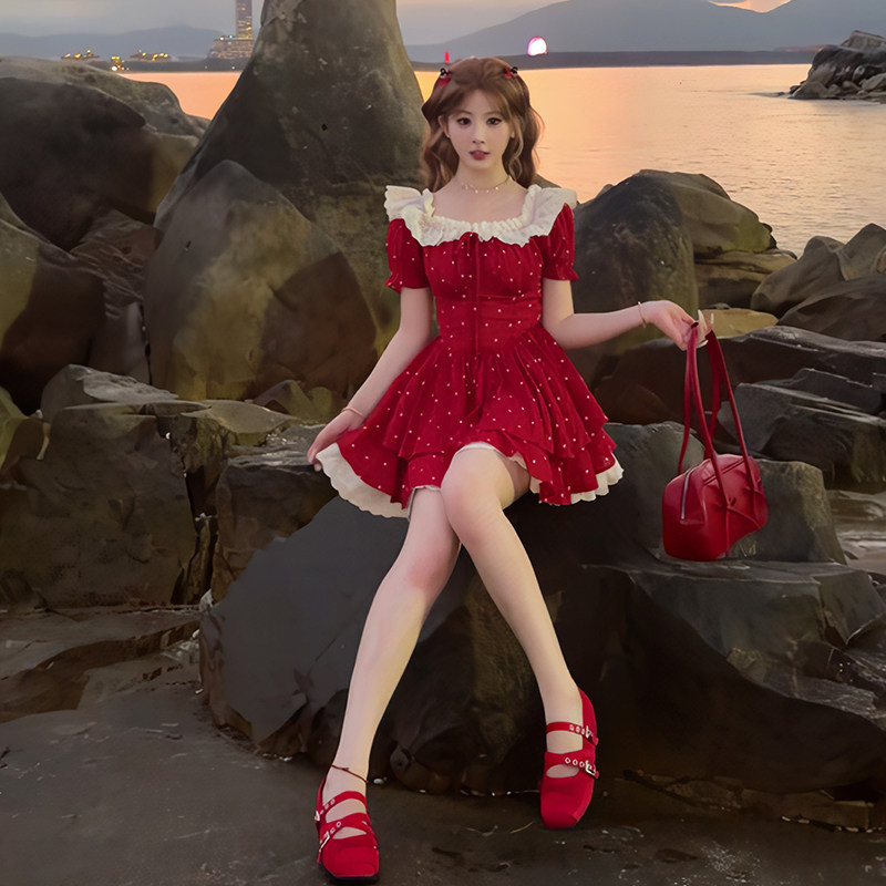 法式初恋红色波点泡泡袖连衣裙女装夏季2025新款露肩收腰蛋糕短裙,女装/女士精品,连衣裙,淘宝优惠券,粉丝福利购,淘宝优惠卷