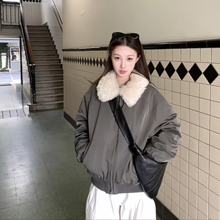 现货！'纽约雨季'毛毛翻领宽松韩系棉服夹克外套女冬橄榄绿保暖