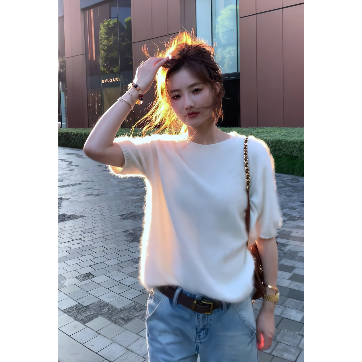 【白芜】2026春秋无缝拉绒混纺羊毛衫女圆领纯色针织半袖套头毛衣