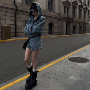 早秋上新!美式慵懒风超酷女孩牛仔长袖连体短裤衬衫连帽款松弛感