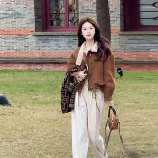 冬装新款！短款加绒加厚麂皮绒外套女小个子美拉德色系羊羔毛外套