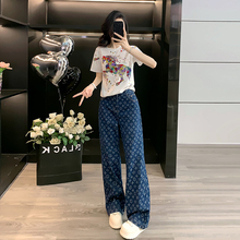时尚套装女2025夏新款洋气烫钻短袖T恤印花牛仔裤休闲减龄两件套