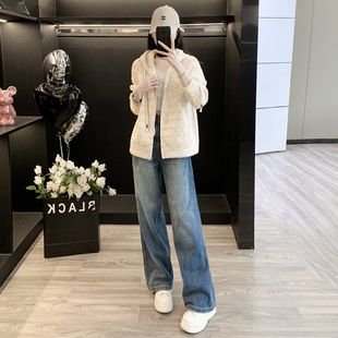 两件套 春秋穿搭一整套连帽长袖 针织开衫 女高腰窄版 直筒阔腿牛仔裤