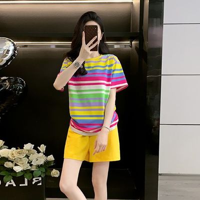 复古港风休闲套装女2025夏新款条纹短袖短裤小个子运动跑步两件套