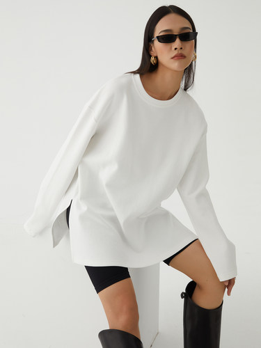 长袖叉开开叉设计圆领T恤