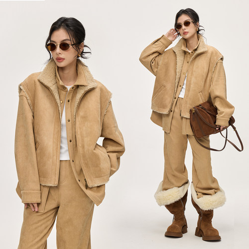 加绒仿麂皮绒马甲衬衫长裤套装