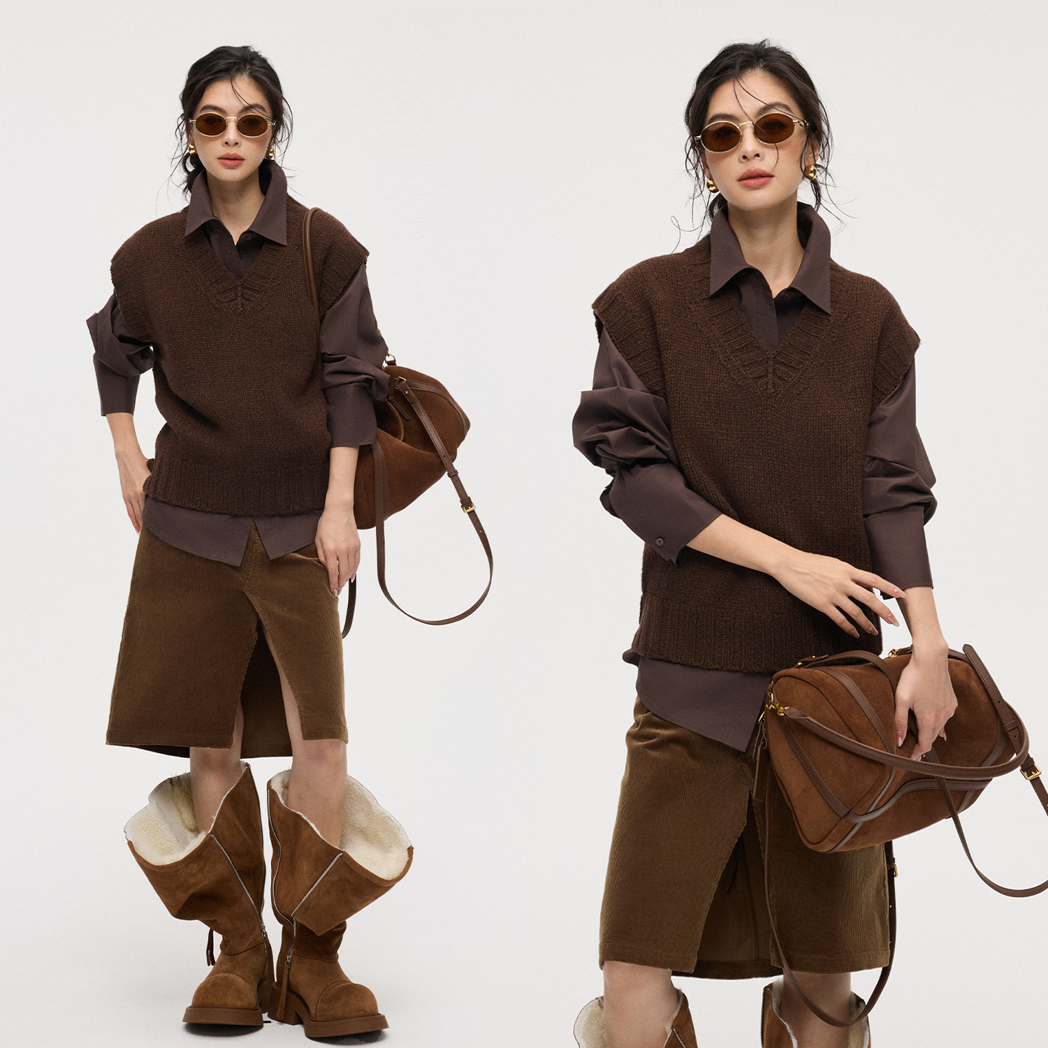 休闲V领毛衣马甲针织衫女秋冬