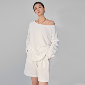 ZHANG夏季 休闲卫衣女欧美风长袖 白色宽松露肩时尚 盐系炸街套装