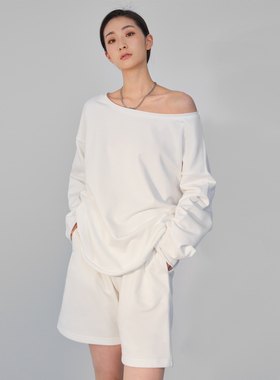 Zz ZHANG夏季休闲卫衣女欧美风长袖白色宽松露肩时尚盐系炸街套装