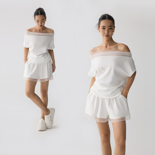 ZzZHANG一字肩拼纱短袖短裤套装