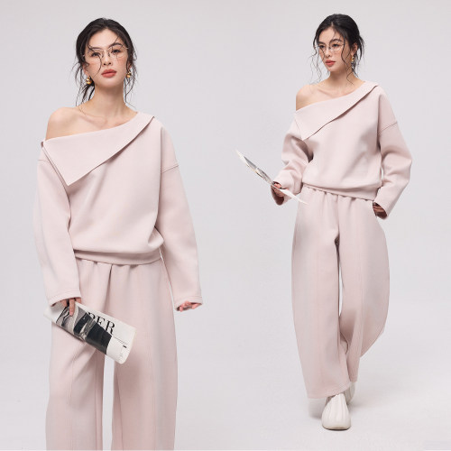 空气层廓形斜肩弯刀裤休闲套装