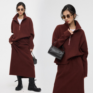 ZzZHANG｜阔步简律_时尚 休闲宽松街拍造型立领半拉链卫衣半裙套装