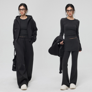 套装 打底裤 L纸片人_26春简约实穿显瘦黑色连帽卫衣裤 ZzZHANG｜R