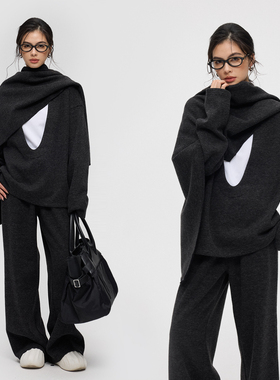 ZzZHANG｜腔调MAX_气质U型领造型感秋冬款加绒长袖长裤围巾套装
