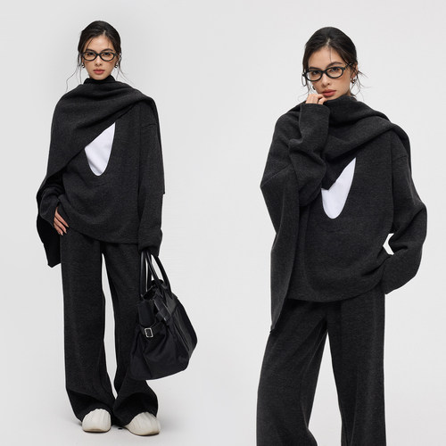 气质U型领落肩长袖长裤围巾套装