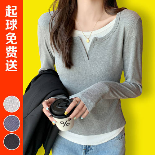 螺纹假两件长袖T恤女单穿小上衣