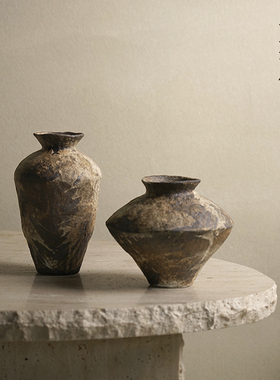 栗石复古做旧粗陶陶瓷花瓶台面插花摆件侘寂风简约样板间民宿花器