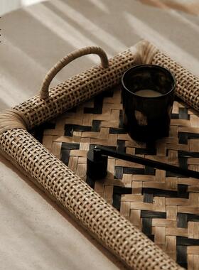 栗石【绮罗】复古手工藤编竹编托盘摆件民宿客厅茶几家用茶杯茶盘