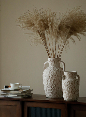 栗石侘寂风复古做旧陶瓷干花花瓶摆件客厅玄关高级感粗陶罐子花器