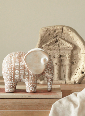 侘寂风复古浮雕大象摆件工艺品