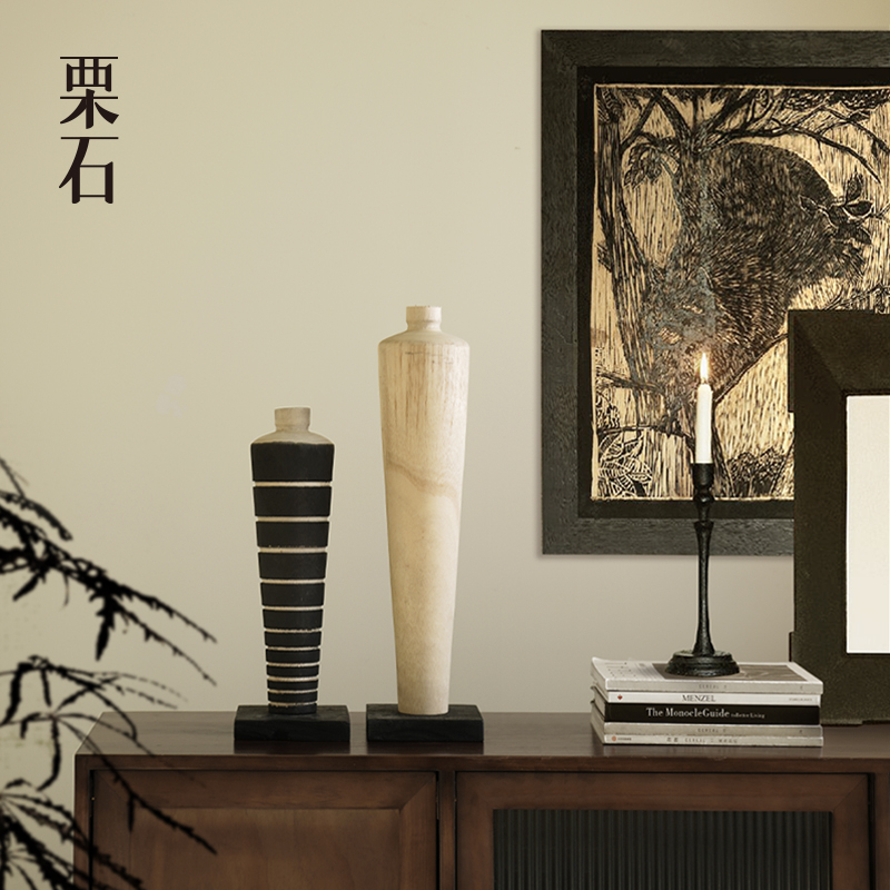 栗石中古风高级感实木插花瓶摆件
