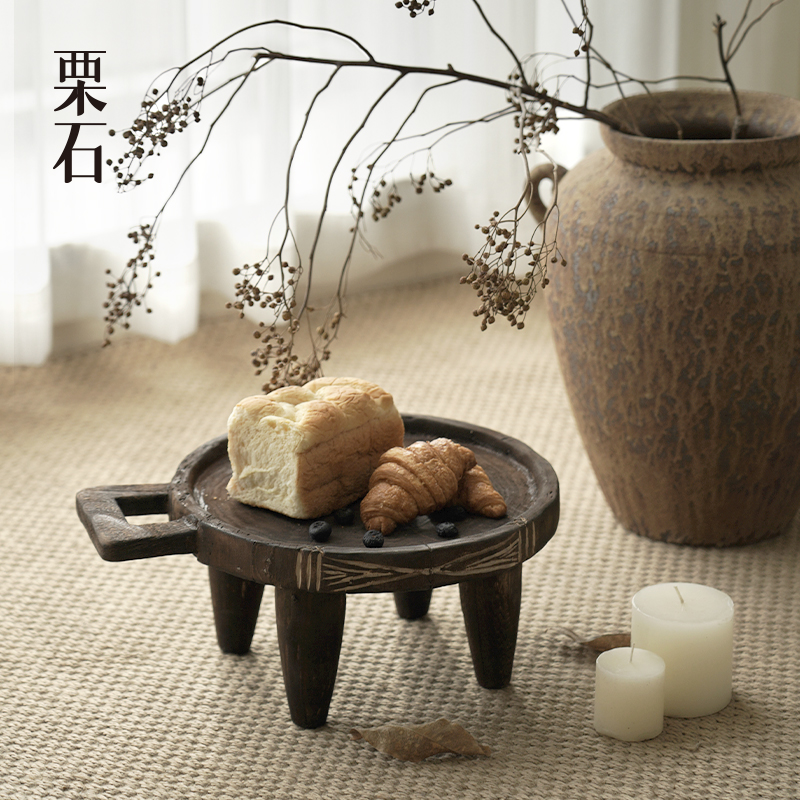侘寂风复古做旧实木果盘托盘摆件