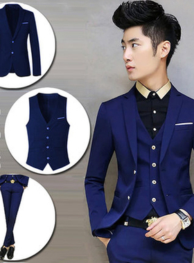西服套装男士三件套秋季韩版修身小西装职业正装伴郎新郎结婚礼服