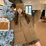卡其色减龄兔耳朵连帽双面呢羊绒大衣女2025冬季新款短款毛呢外套，女装毛呢外套，2C005