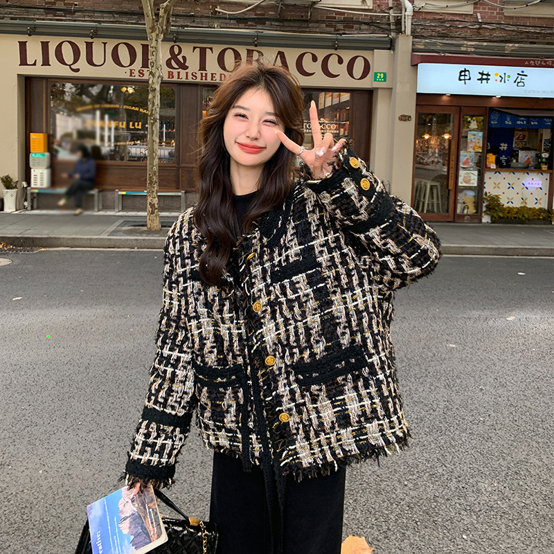 小香风粗花呢千鸟格外套女冬季超火好看羽绒内胆加绒加厚保暖夹克,女装羽绒服,2C005
