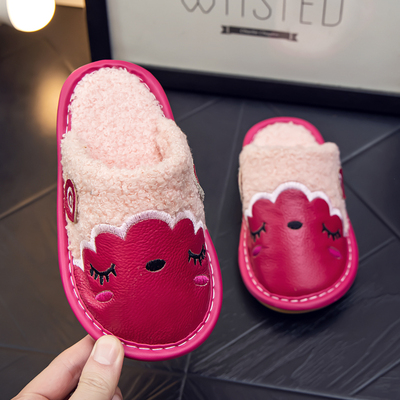 冬季儿童防水真皮面保暖棉拖鞋小羊卡通亲子男女居家室内防滑软底