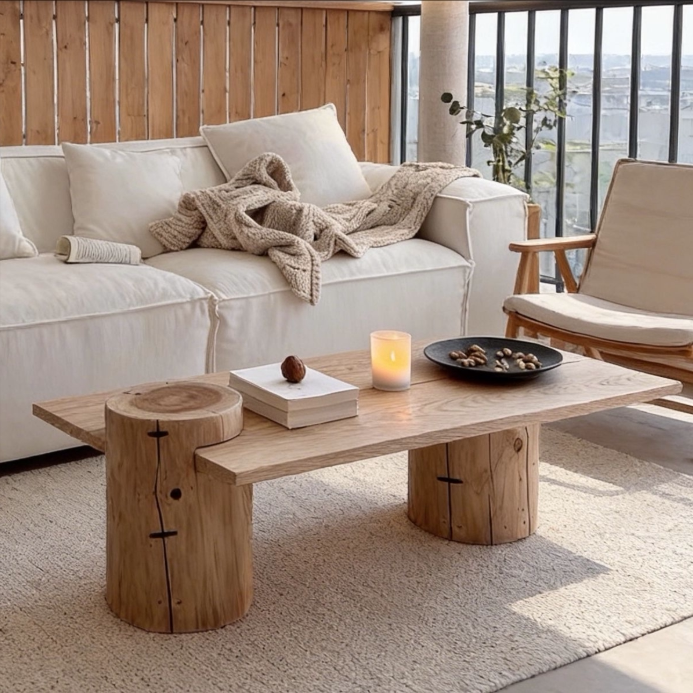 个性创意原木风侘寂风家用小户型客厅实木头茶台小矮桌茶几桌子