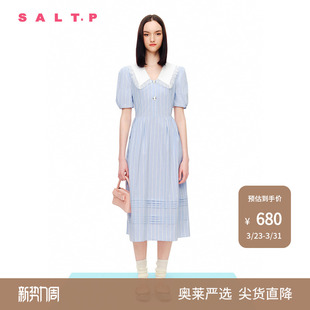 SALT.P可颜蕾丝边娃娃领减龄泡泡袖 收腰条纹连衣裙夏