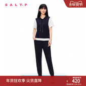 夏款 SALT.P可颜撞色拼接学院运动风短袖 连帽卫衣针织衫