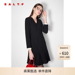 SALT.P可颜v领撞色复古老钱风收腰小黑裙连衣裙秋
