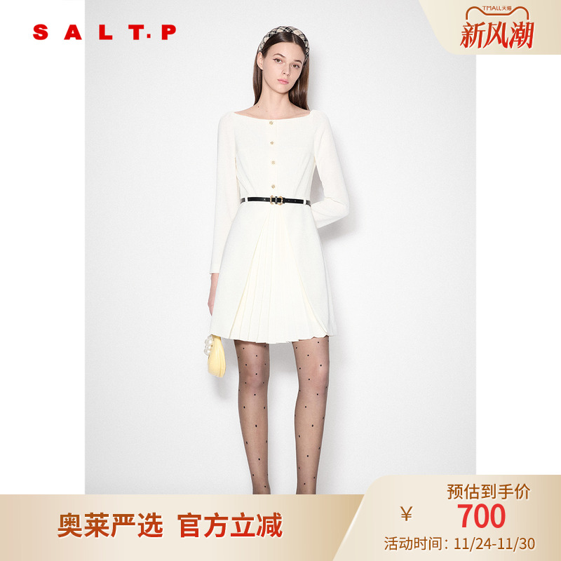 SALT.P可颜简约方领收腰压褶学院雅致俏皮感连衣裙秋款