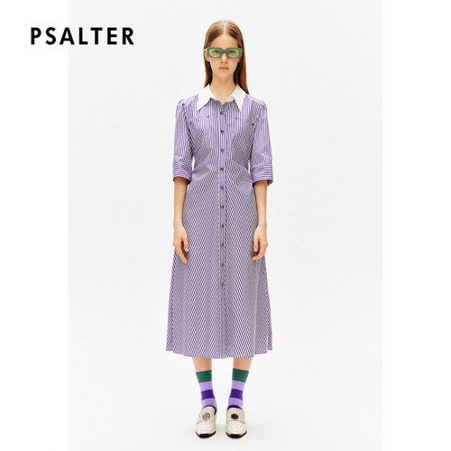 【100%纯棉】PSALTER诗篇翻领收腰五分袖条纹衬衫裙连衣裙夏