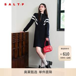 SALT.P可颜肌理感针织撞色条纹学院运动风卫衣裙连衣裙秋