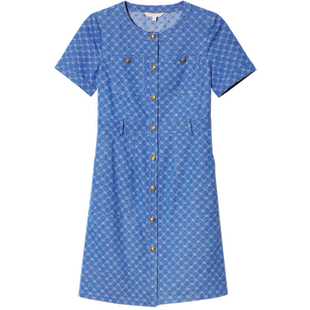 PSALTER诗篇简约圆领格纹提花牛仔短袖连衣裙夏款