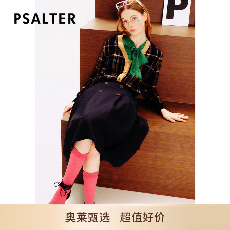 PSALTER诗篇冬宽松v领格纹羊毛开衫毛针织衫