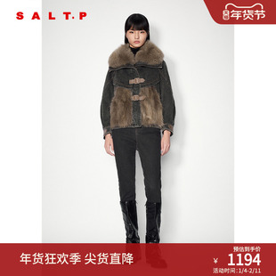 SALT.P可颜复古时尚狐狸毛领拼接貉子毛牛仔皮草外套女2024冬
