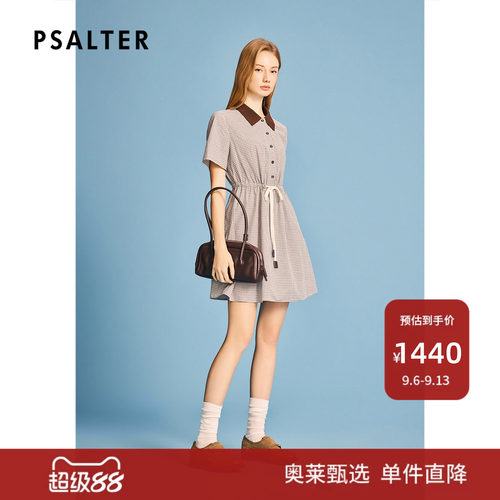 PSALTER诗篇时尚抽绳收腰格纹翻领短袖连衣裙2026夏季新款