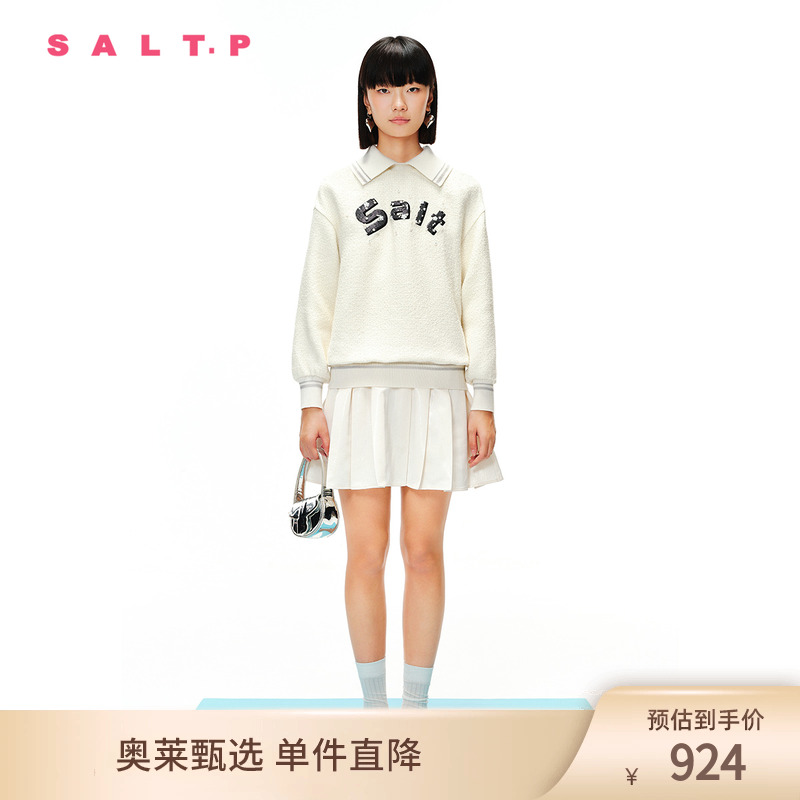 SALT.P可颜2024春学院风绣花假两件羊毛粗花呢卫衣连衣裙